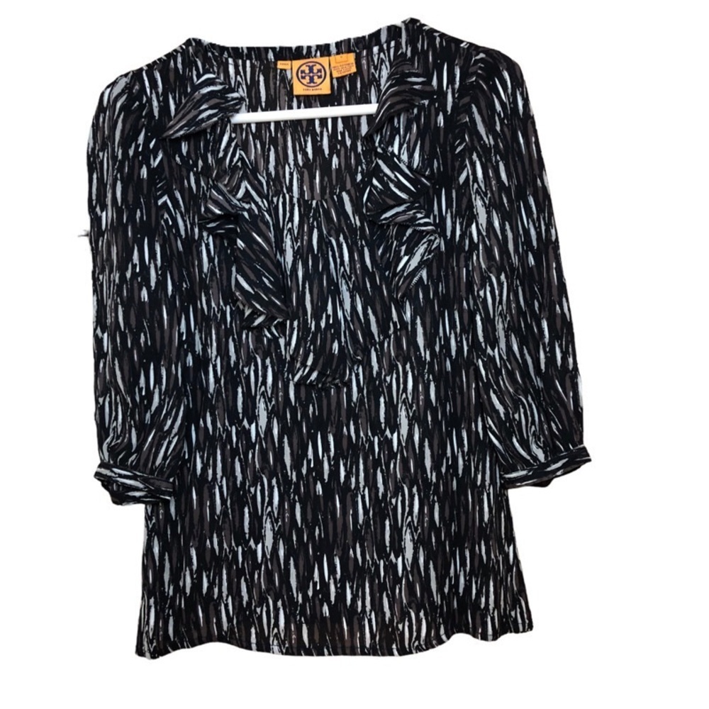 Tory Burch Waterfall Ruffle Graphic Design 3/4 Sleeve 100% Silk Blouse S…